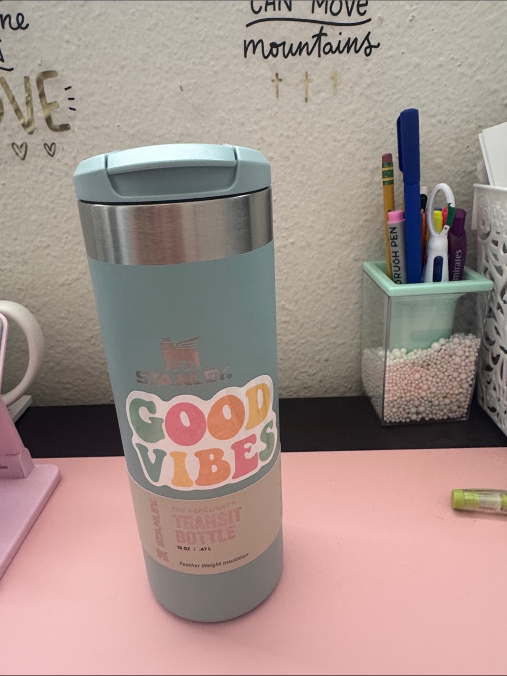 Stanley Mint Travel Bottle with 'Good Vibes' Decal